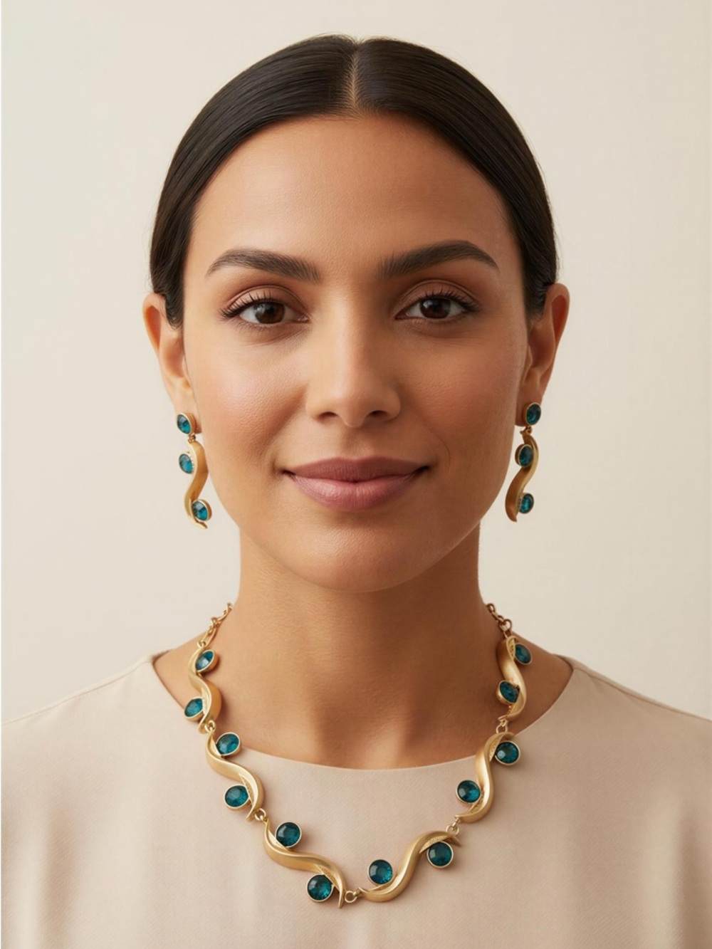 Fashion Jewelry Gold-Tone Necklace with Teal Gemstones
